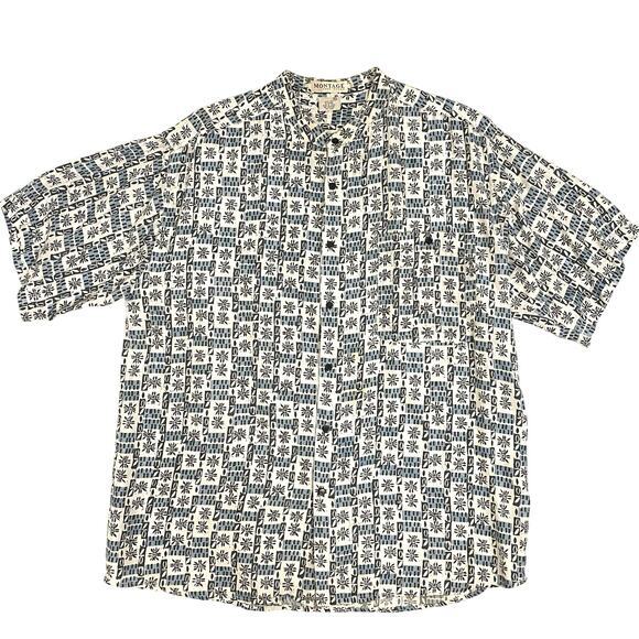 Vtg‎ 90s Button Up Mens Size XL 100% Silk Band Collar Batik Print Cabana Friends - Picture 1 of 8